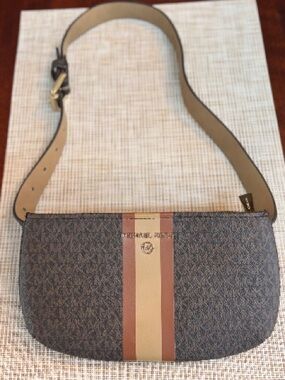 Michael Kors Beige and Brown Striped MK Logo Crossbody/Belt Bag/Fanny Pack